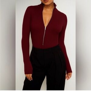 Good American Maroon Ribbed Zip Bodysuit